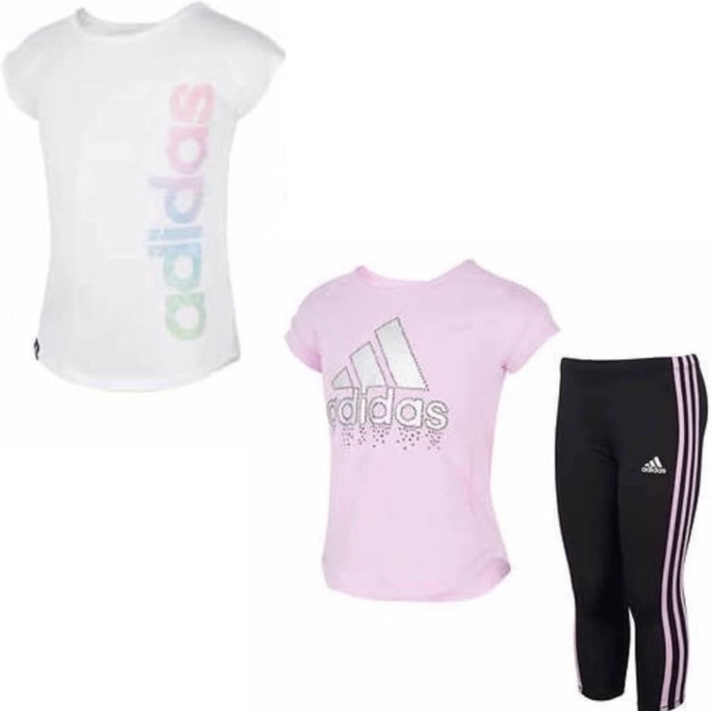 Adidas Little Girl’s 3 Piece Active Clothing Set, 2 Short Sleeve Shirts, 1 Capri